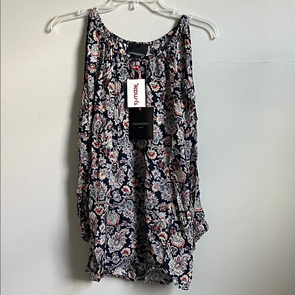 Cynthia Rowley Women's Floral Cold Shoulder Blouse - Navy Blue and Multicolor